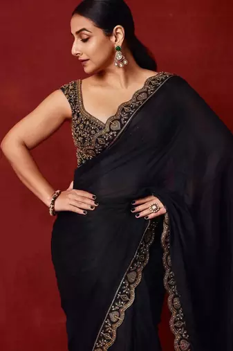 Black sequin embroidered,  chinnon silk bollywood saree with blouse