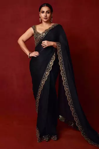 Black sequin embroidered,  chinnon silk bollywood saree with blouse