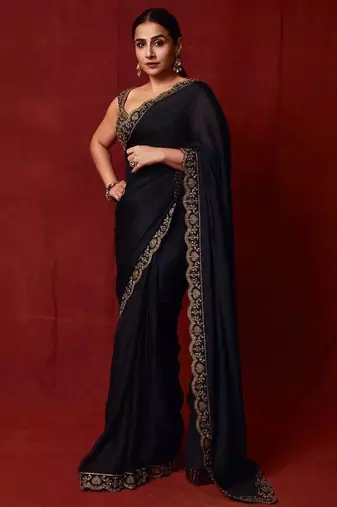 Black sequin embroidered,  chinnon silk bollywood saree with blouse
