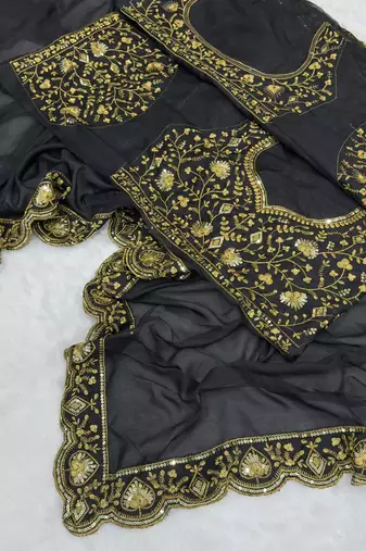 Black sequin embroidered,  chinnon silk bollywood saree with blouse