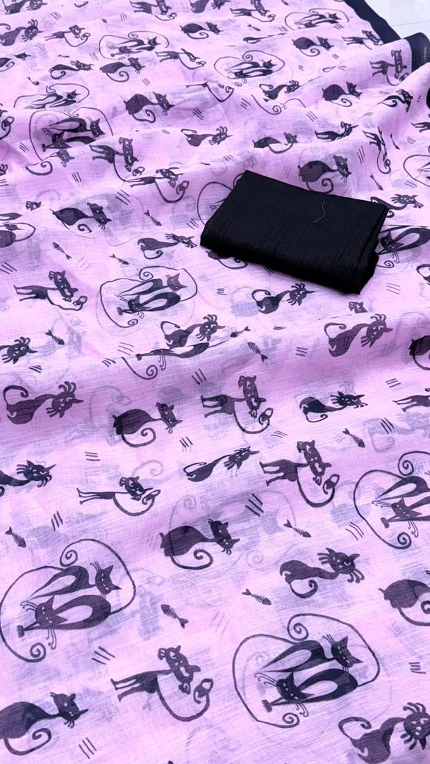 lavender printed soft linen cotton  saree with blouse