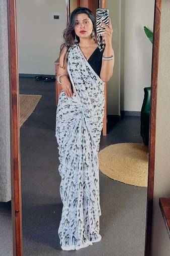 white printed soft linen cotton  saree with blouse