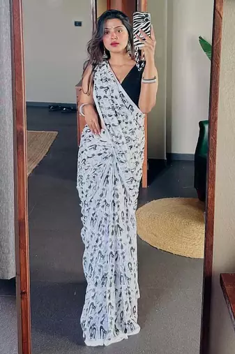 white printed soft linen cotton  saree with blouse
