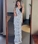 white printed soft linen cotton  saree with blouse