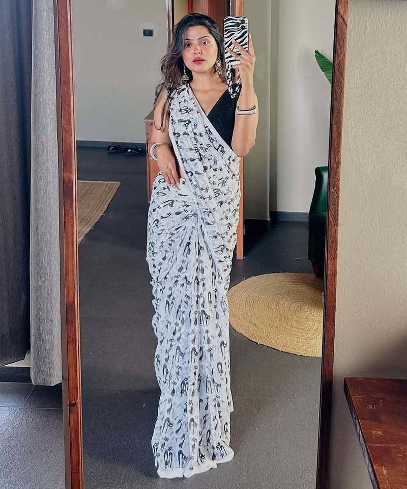white printed soft linen cotton  saree with blouse