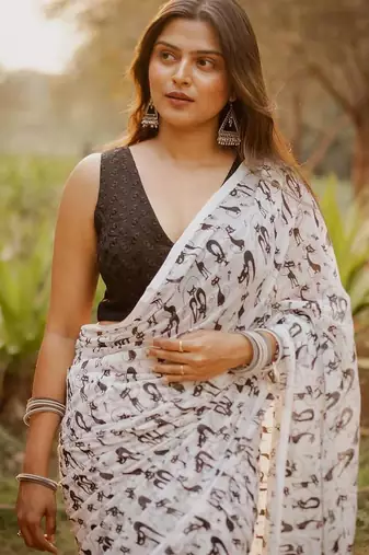 white printed soft linen cotton  saree with blouse