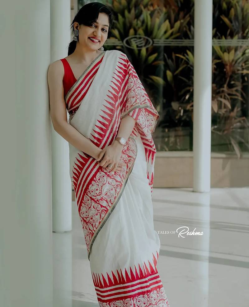 white printed soft cotton  saree with blouse