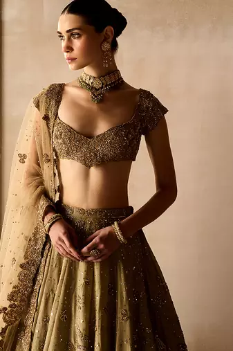 Gold Embroidered Tissue Silk Lehenga Set