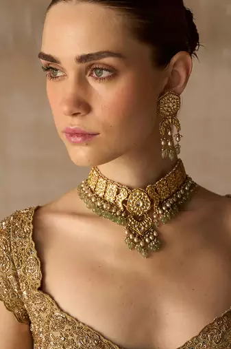 Gold Embroidered Tissue Silk Lehenga Set