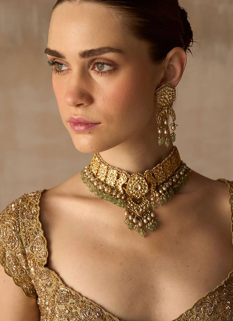 Gold Embroidered Tissue Silk Lehenga Set