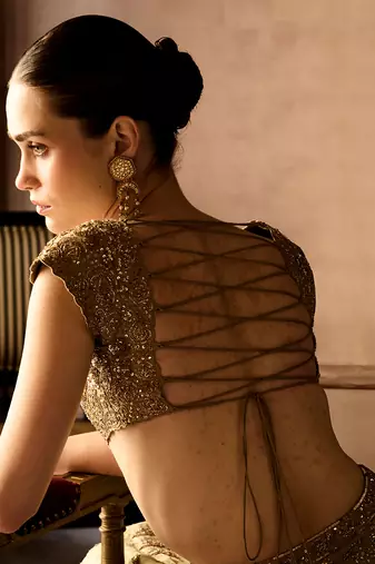 Gold Embroidered Tissue Silk Lehenga Set