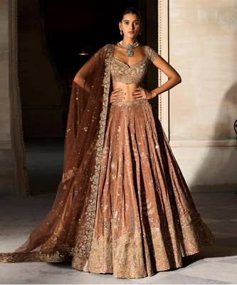 Tangerine Rust Embroidered Tissue Silk Lehenga Set 1