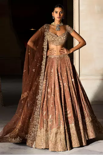 Tangerine Rust Embroidered Tissue Silk Lehenga Set