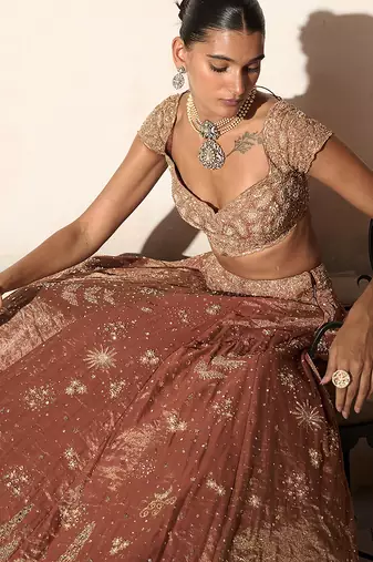 Tangerine Rust Embroidered Tissue Silk Lehenga Set