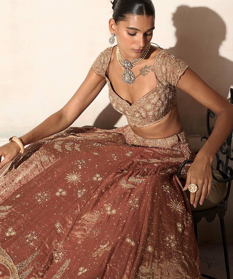 Tangerine Rust Embroidered Tissue Silk Lehenga Set