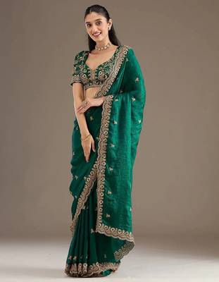 Green sequin embroidered, cut work satin silk bollywood saree with blouse 1