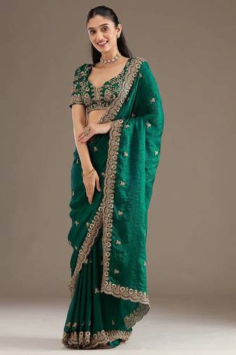 Green sequin embroidered, cut work satin silk bollywood saree with blouse