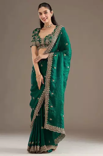 Green sequin embroidered, cut work satin silk bollywood saree with blouse