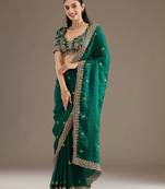 Green sequin embroidered, cut work satin silk bollywood saree with blouse