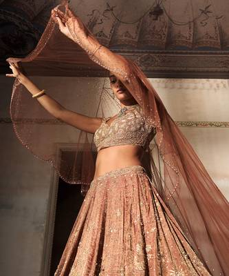 Tangerine Rust Embroidered Tissue Silk Lehenga Set 3