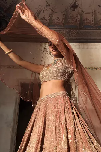 Tangerine Rust Embroidered Tissue Silk Lehenga Set