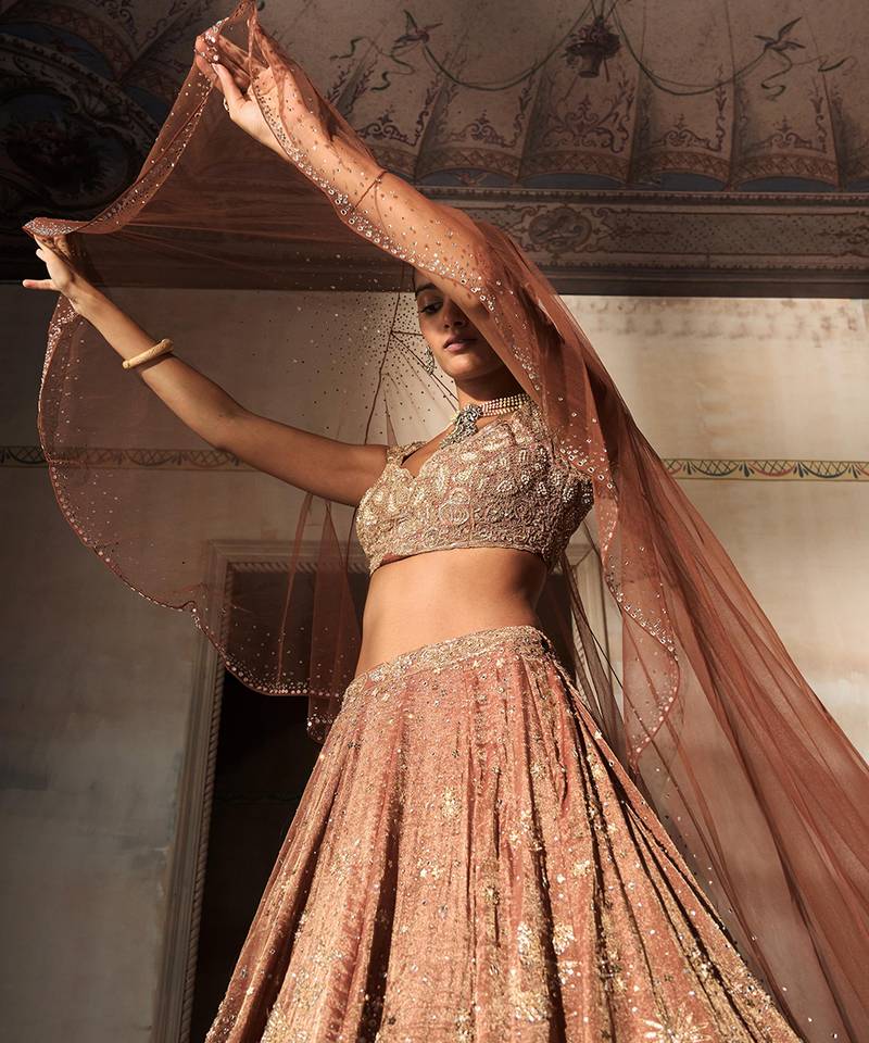 Tangerine Rust Embroidered Tissue Silk Lehenga Set