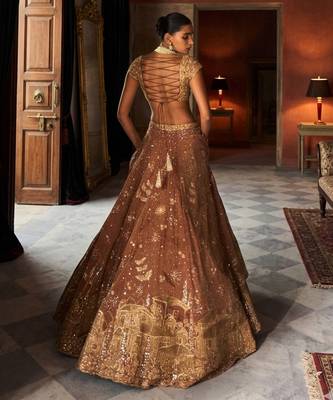 Tangerine Rust Embroidered Tissue Silk Lehenga Set 4