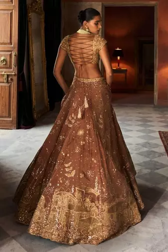 Tangerine Rust Embroidered Tissue Silk Lehenga Set