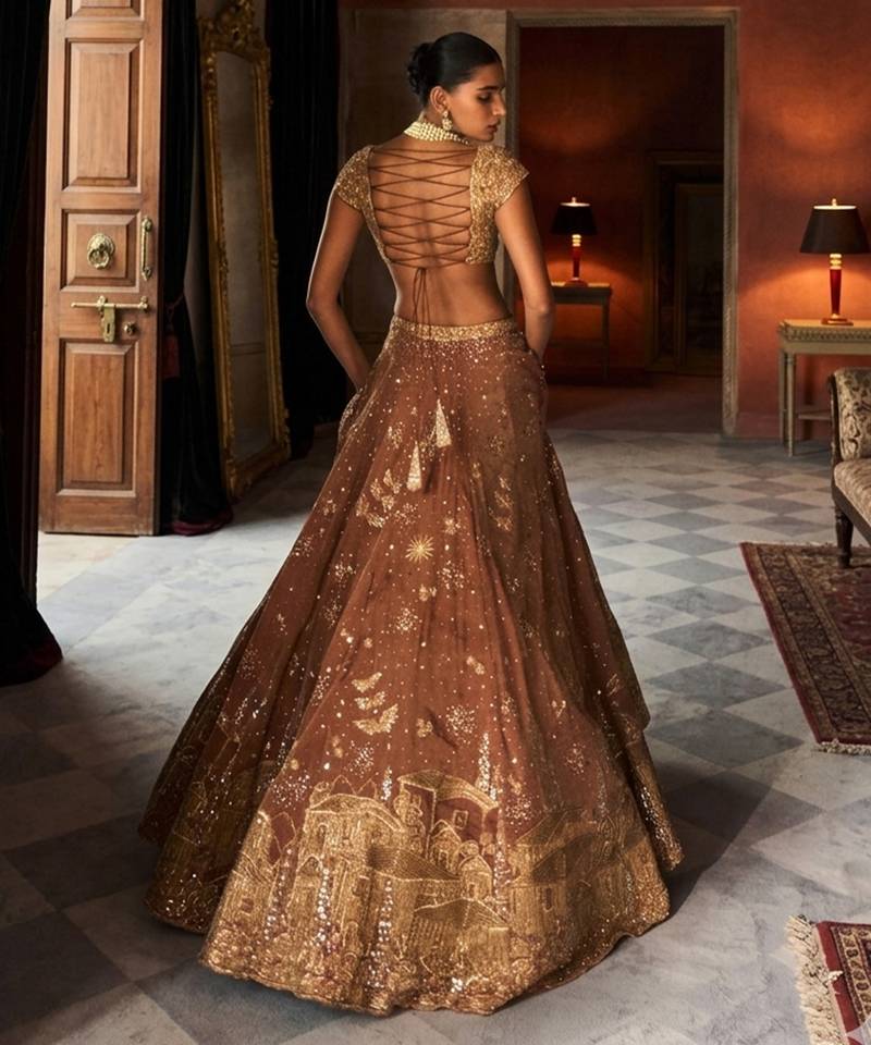 Tangerine Rust Embroidered Tissue Silk Lehenga Set