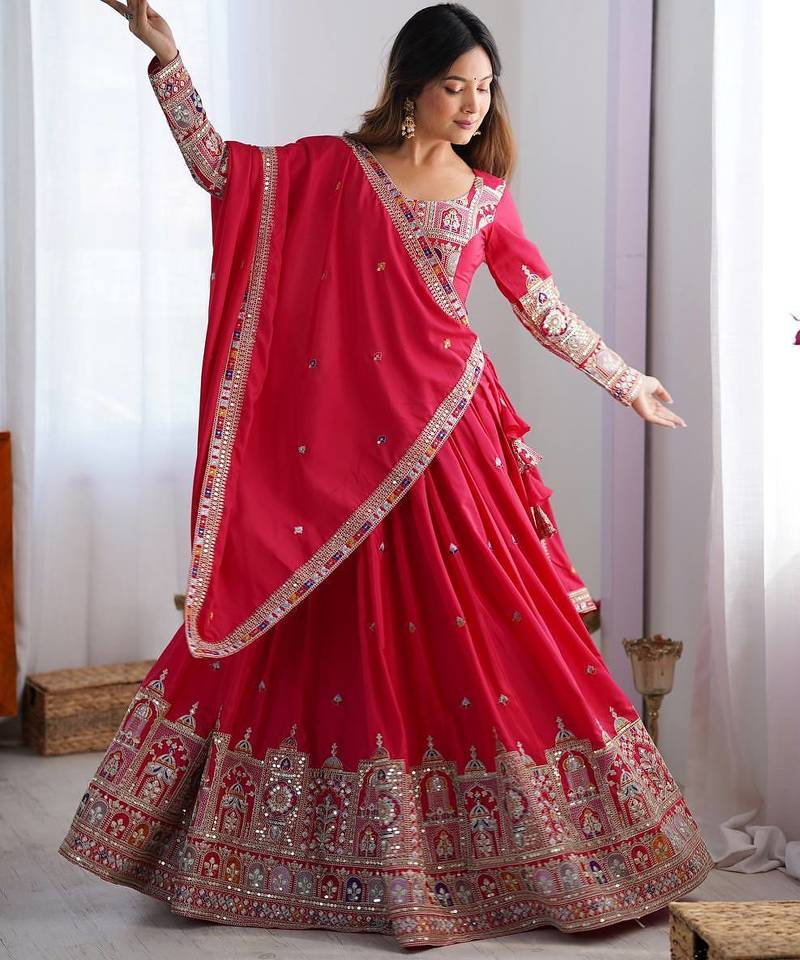 Red crepe silk lehenga choli for women