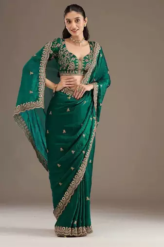 Green sequin embroidered, cut work satin silk bollywood saree with blouse