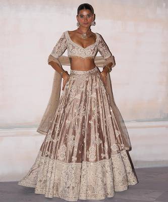 Champagne Brown Embroidered Silk Lehenga Set 1