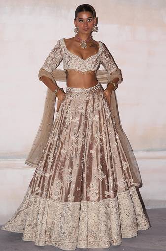 Champagne Brown Embroidered Silk Lehenga Set