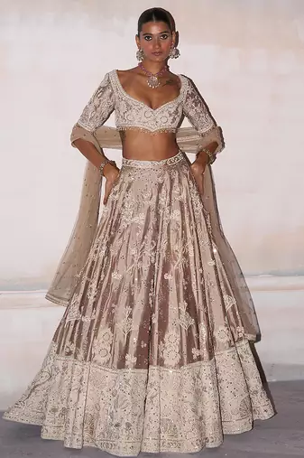 Champagne Brown Embroidered Silk Lehenga Set