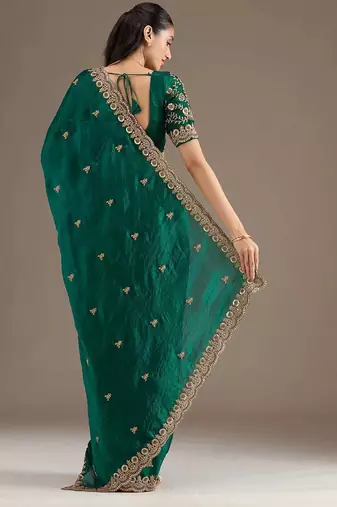 Green sequin embroidered, cut work satin silk bollywood saree with blouse