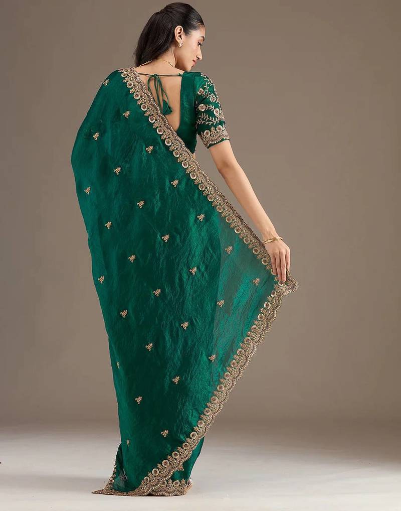 Green sequin embroidered, cut work satin silk bollywood saree with blouse
