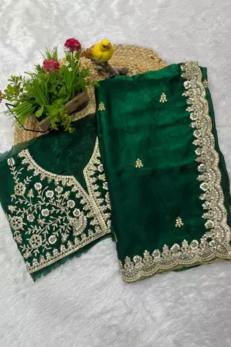 Green sequin embroidered, cut work satin silk bollywood saree with blouse