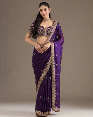 Purple sequin embroidered, cut work satin silk bollywood saree with blouse 1