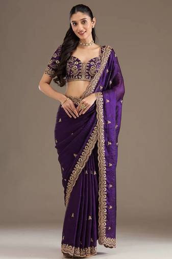 Purple sequin embroidered, cut work satin silk bollywood saree with blouse
