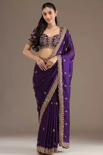 Purple sequin embroidered, cut work satin silk bollywood saree with blouse