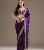 Purple sequin embroidered, cut work satin silk bollywood saree with blouse