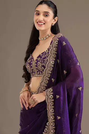Purple sequin embroidered, cut work satin silk bollywood saree with blouse