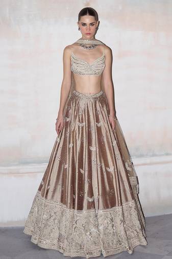 Champagne Brown Embroidered Silk Lehenga Set