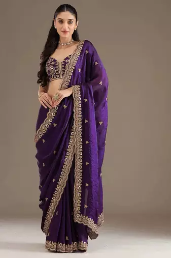 Purple sequin embroidered, cut work satin silk bollywood saree with blouse