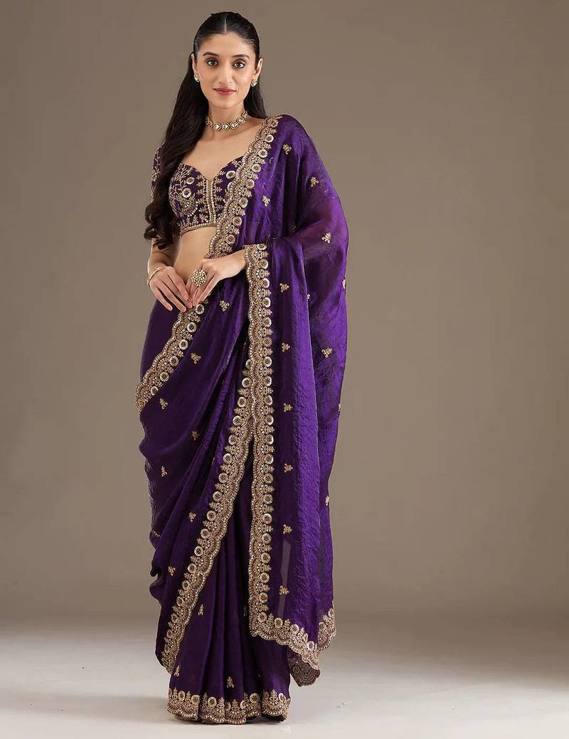 Purple sequin embroidered, cut work satin silk bollywood saree with blouse