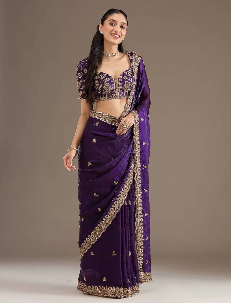 Purple sequin embroidered, cut work satin silk bollywood saree with blouse