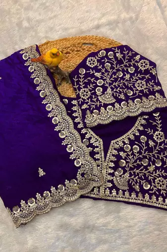 Purple sequin embroidered, cut work satin silk bollywood saree with blouse