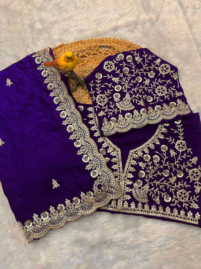 Purple sequin embroidered, cut work satin silk bollywood saree with blouse