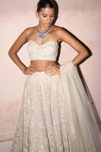 Ekru Embroidered Rambagh Silk Lehenga Set
