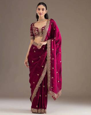 Maroon sequin embroidered, cut work satin silk bollywood saree with blouse 1